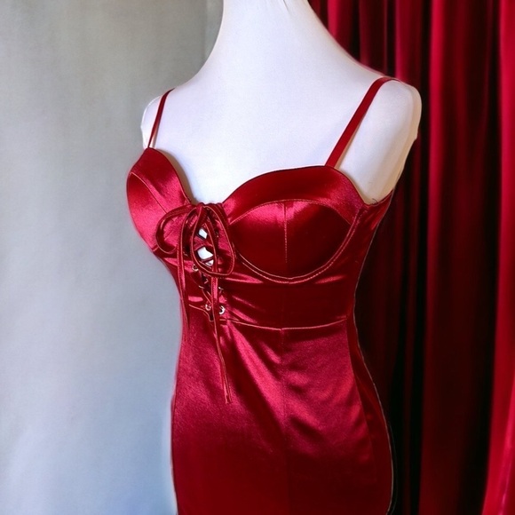 Red satin mini dress corset front ties padded bra adjustable straps ruched Sz S - Picture 4 of 14